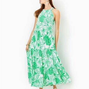 Lilly Pulitzer Beckalyn Halter Green and White Floral Maxi Swing Dress Sz S NWT